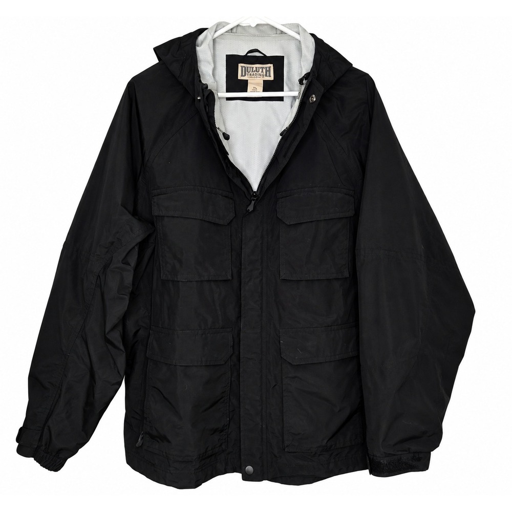 Duluth Trading Co Mens XL Black Hooded Nylon Utility Rain Jacket Workwear Coat